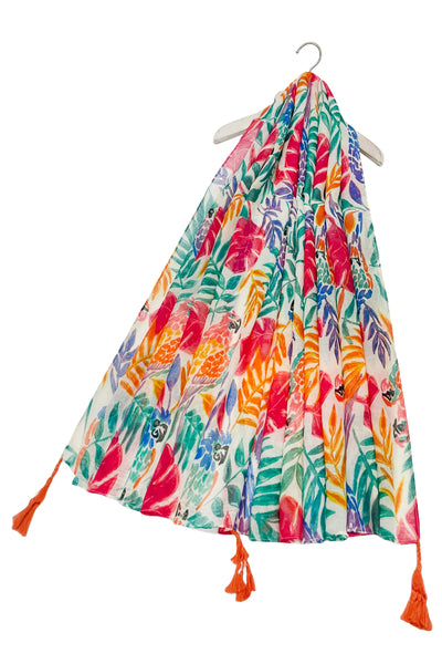 Colourful Tropical Parrot Print Scarf in White