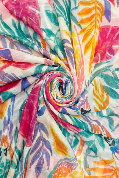 Colourful Tropical Parrot Print Scarf in White