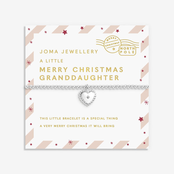 Shop Joma Jewellery’s Kids Love From Santa ‘Merry Christmas Granddaughter’ Bracelet. Silver-plated, heart charm, perfect Christmas gift for young granddaughters with free gift bag