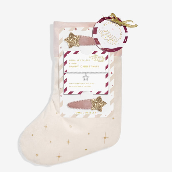 Shop Joma Jewellery’s Kids Stocking ‘A Little Happy Christmas’ Gift Set. Silver-plated bracelet and two sparkling hair clips in a festive stocking, perfect for children’s Christmas gifts