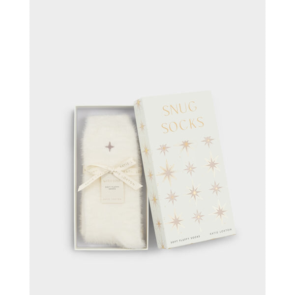 Katie Loxton off white socks in a decorative box with 'Snug Socks'