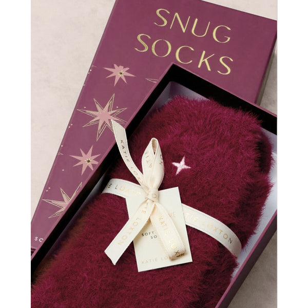 Katie Loxton cherry fluffy socks in a 'Snug Socks' box