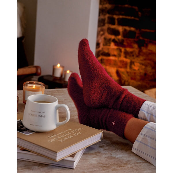 Katie Loxton cherry fluffy socks in a 'Snug Socks' box