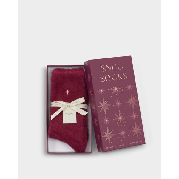 Katie Loxton cherry fluffy socks in a 'Snug Socks' box