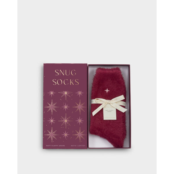 Katie Loxton cherry fluffy socks in a 'Snug Socks' box