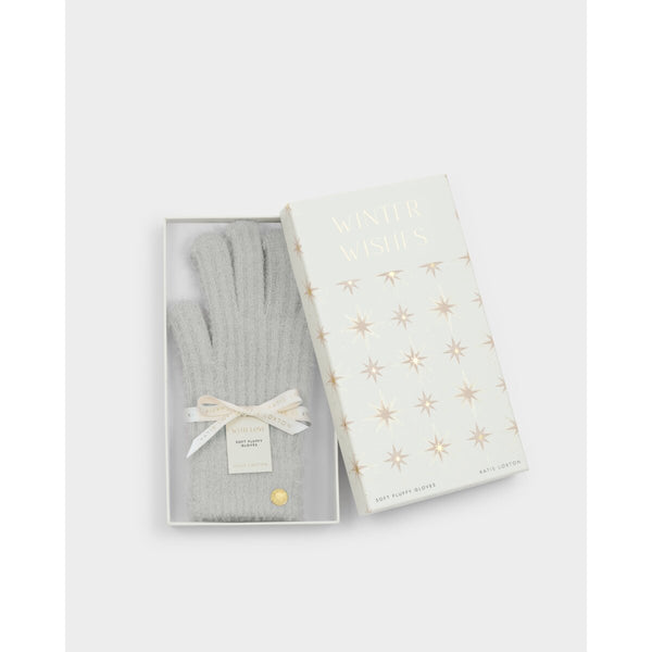 Katie Loxton grey knit gloves in a gift box with 'Winter Wishes' sentiment