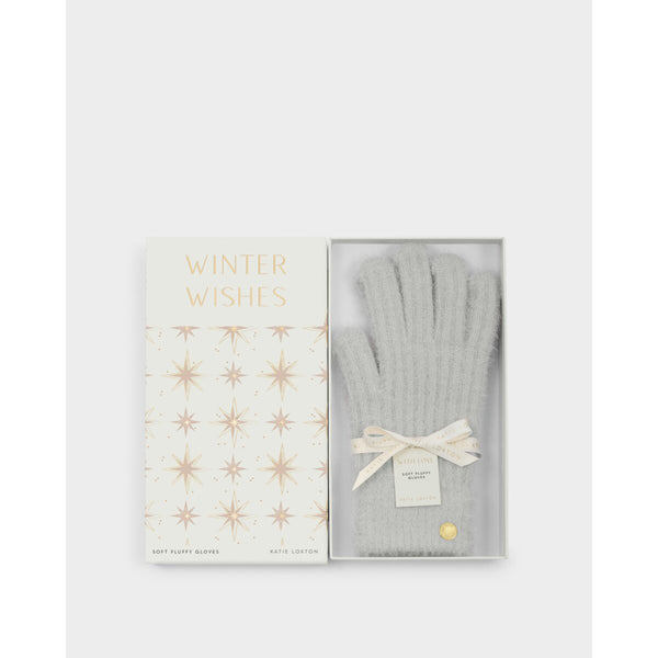 Katie Loxton grey knit gloves in a gift box with 'Winter Wishes' sentiment