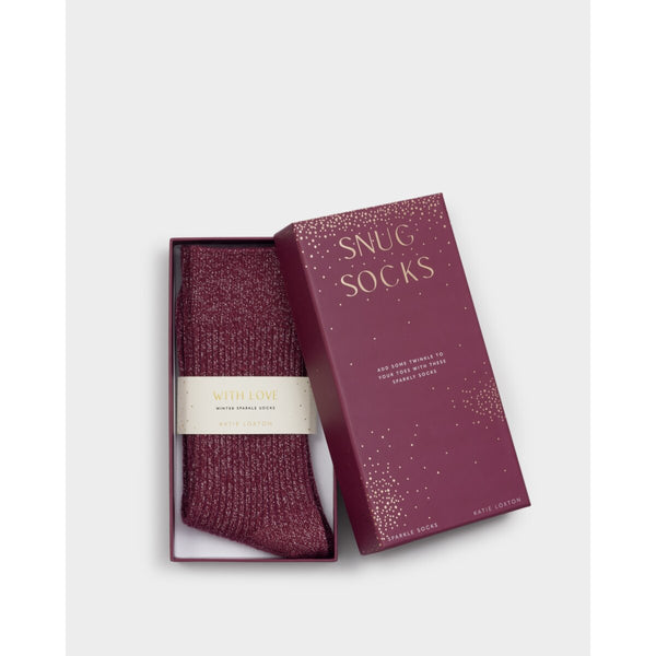 Katie Loxton cherry sparkle socks in a 'Snug Socks' box