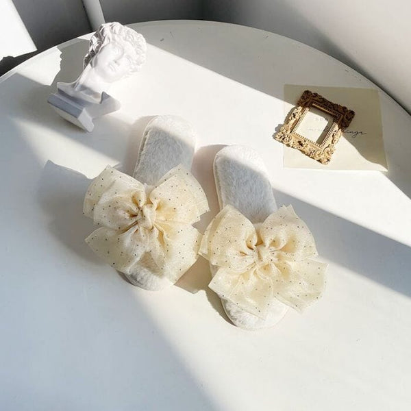 Organza Bow Slippers - 4 Colours Slippers Pretty Little Things Cream UK Size 4-5 