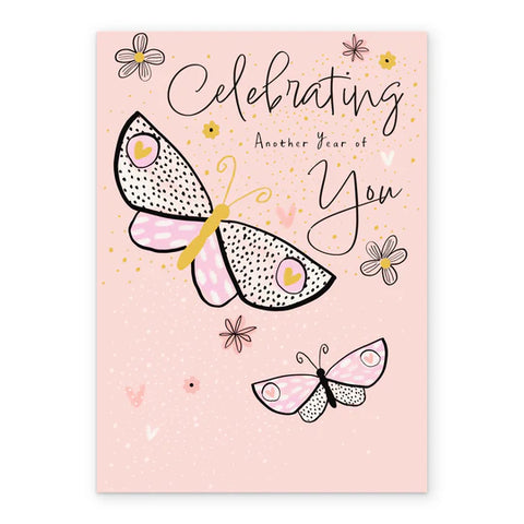 Pink Butterflies & Flowers Birthday Card For Her