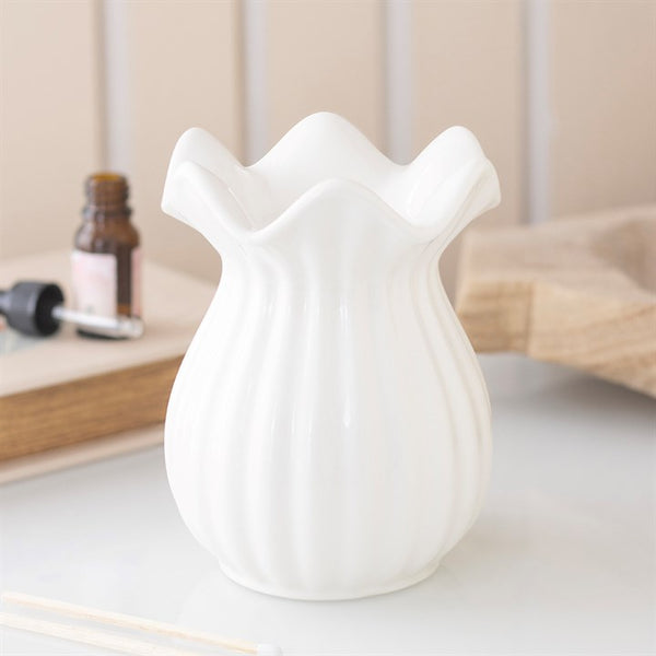 White ceramic pleated flare wax and oil burner - gift shop East Kilbride