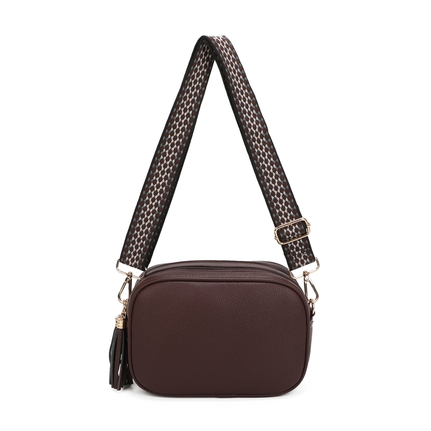 Brown crossbody bag with a patterned strap
