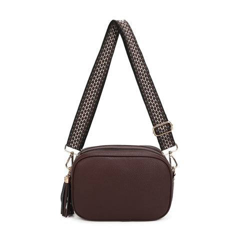 Brown crossbody bag with a patterned strap