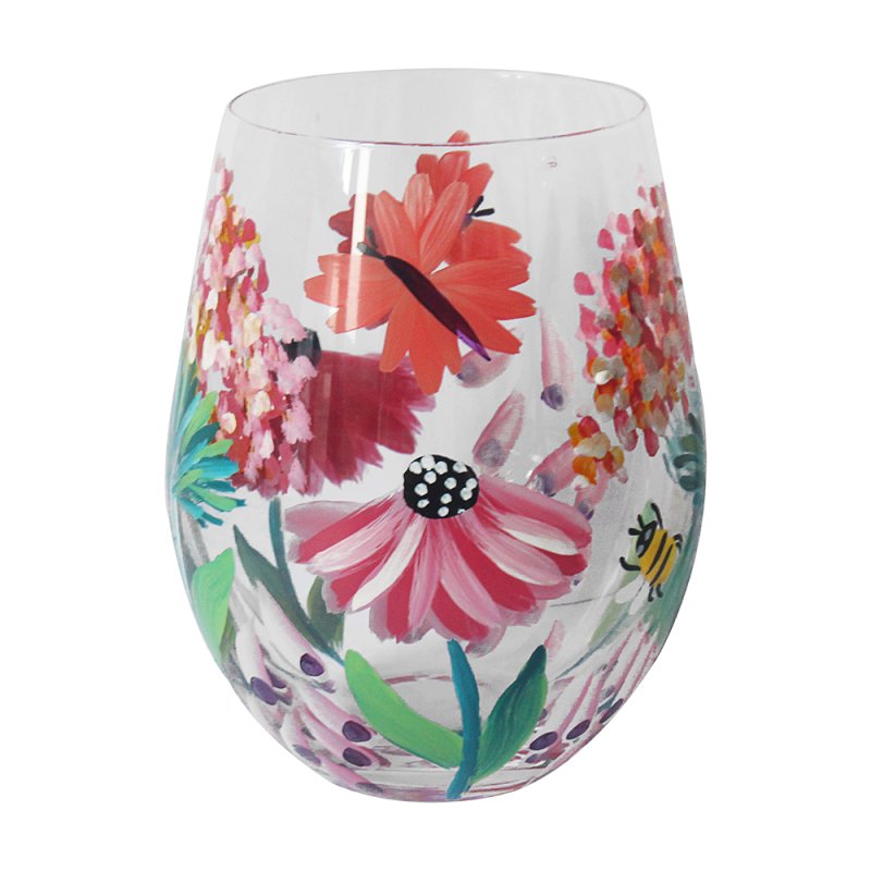 Stemless glass with wild garden floral design