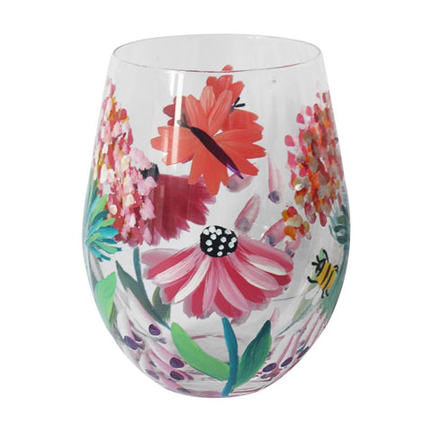 Stemless glass with wild garden floral design