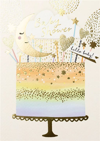 Baby shower card with moon, stars, and rainbow cake design