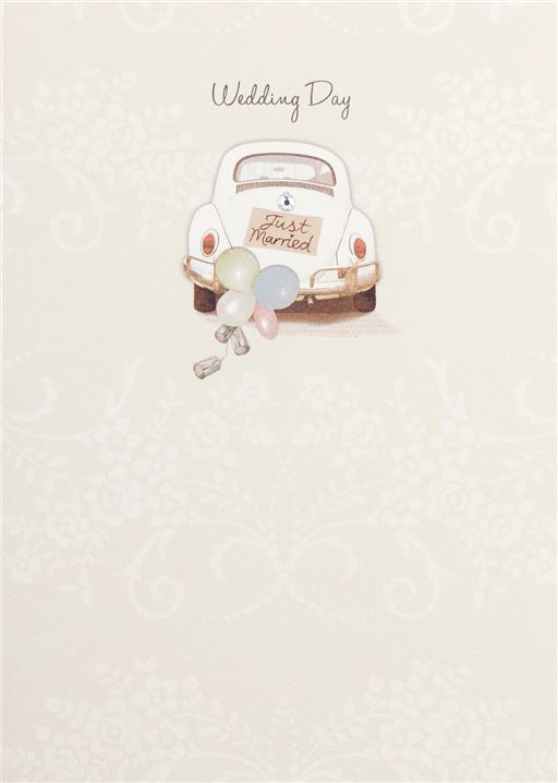 Illustration of a vintage car with 'Just Married' sign and balloons on a light background, labeled 'Wedding Day'.