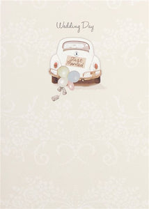 Illustration of a vintage car with 'Just Married' sign and balloons on a light background, labeled 'Wedding Day'.