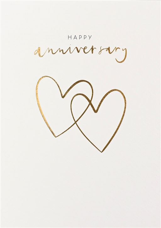 Happy Anniversary Card with two gold hearts