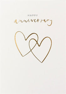 Happy Anniversary Card with two gold hearts