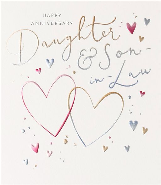 Happy Anniversary Daughter & Son-in-Law card with hearts and colorful design on a white background
