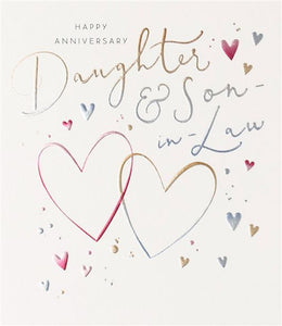 Happy Anniversary Daughter & Son-in-Law card with hearts and colorful design on a white background