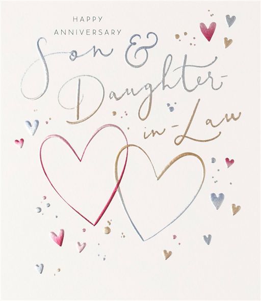 Greeting card for son and daughter-in-law with hearts and confetti on a light background
