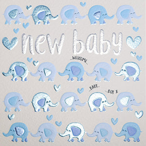 Card with blue elephants and hearts for a new baby boy, featuring the text 'new baby welcome baby boy