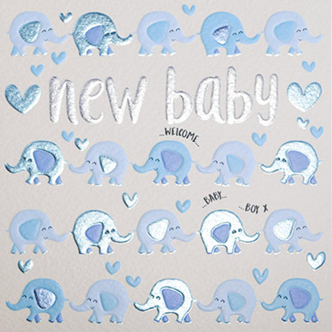 Card with blue elephants and hearts for a new baby boy, featuring the text 'new baby welcome baby boy