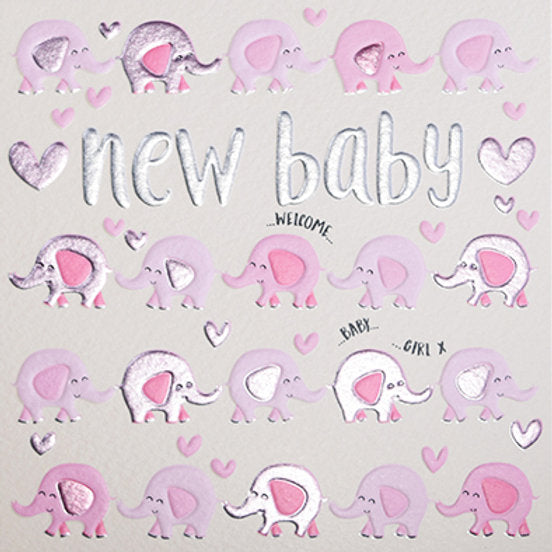 Card with pink elephants and hearts, featuring the text 'new baby welcome baby girl'