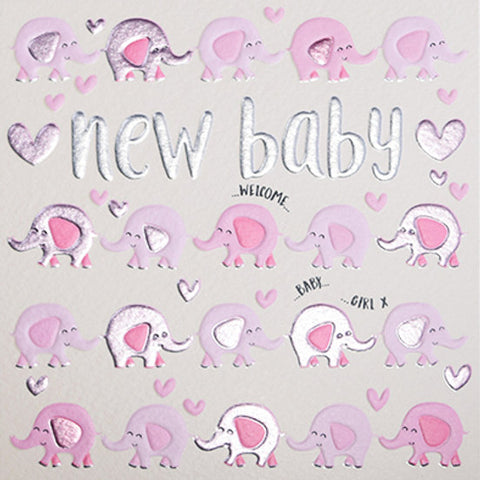 Card with pink elephants and hearts, featuring the text 'new baby welcome baby girl'