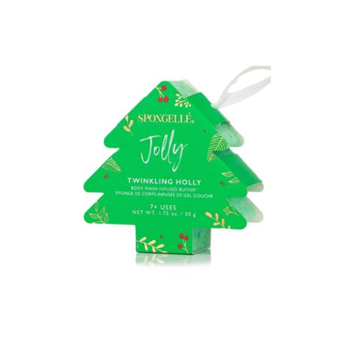 Tree-shaped Spongellé Jolly Twinkling Holly body wash sponge