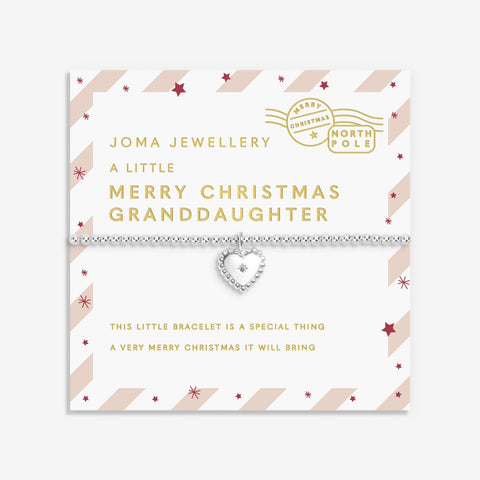 Shop Joma Jewellery’s Kids Love From Santa ‘Merry Christmas Granddaughter’ Bracelet. Silver-plated, heart charm, perfect Christmas gift for young granddaughters with free gift bag