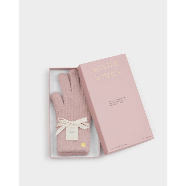 Katie Loxton pink gloves in a gift box with 'Winter Wishes' text