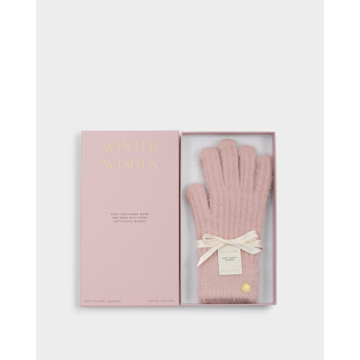 Katie Loxton pink gloves in a gift box with 'Winter Wishes' text