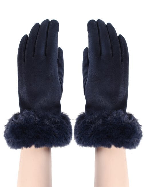 Gloves - Faux Fur Trim Navy Gloves Pretty Little Things 