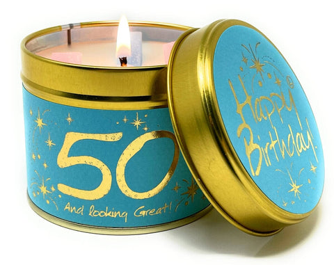 Candle Tin - Happy Birthday 50th Candles Lily Flame 